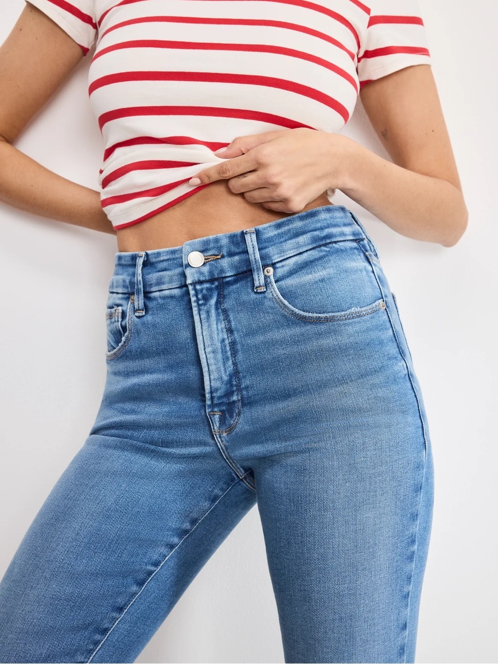 GOOD AMERICAN βGOOD LEGSβ High-Waisted Skinny Jeans w/Step Hem In βBLUE007β